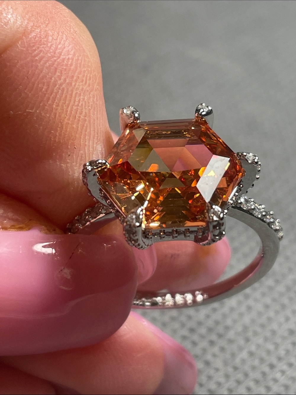 Silver Rhodium Plating Smokey Topaz Emerald-Cut Center Stone w/ cz crystals 9